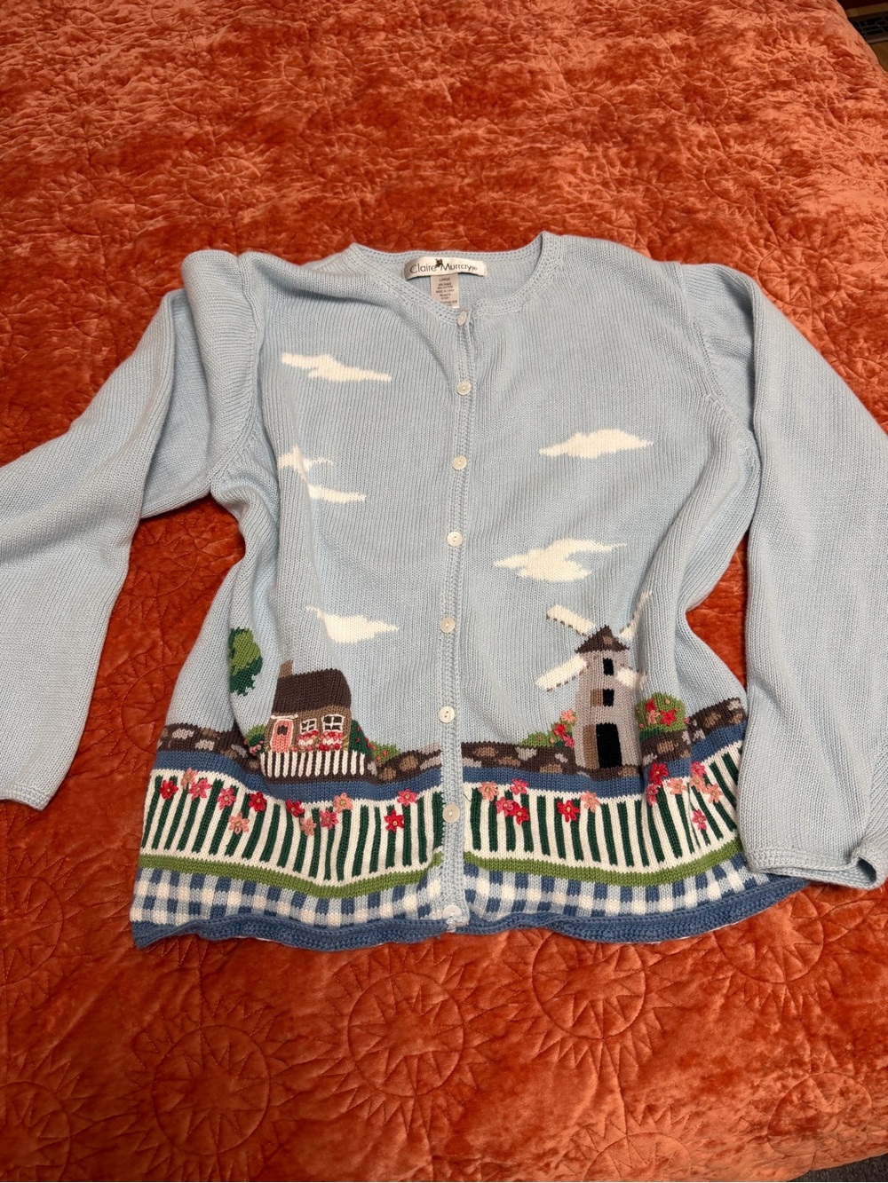 Pastel Blue Scenic Intarsia Button-Front Cardigan
